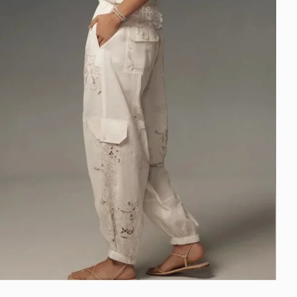 Anthropologie White Cream Linen Blend Bohemian Lace Patch Baggy Leg Pants XL NWT - Picture 4 of 4